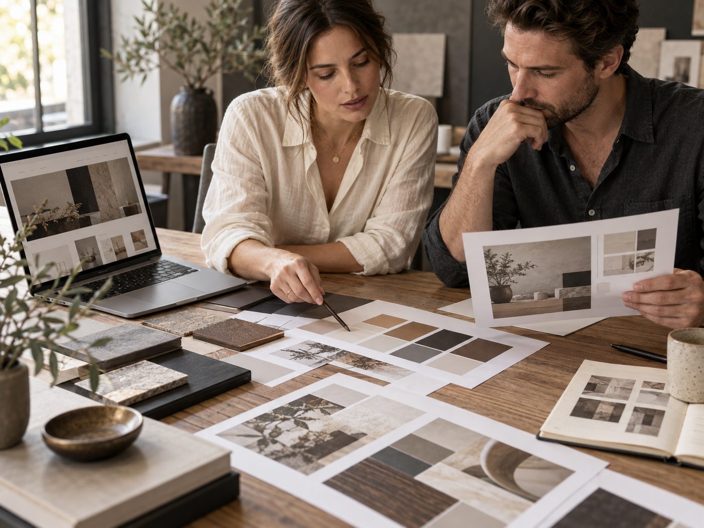 Two people reviewing brand color palettes, material samples, and website layouts on a wooden table
