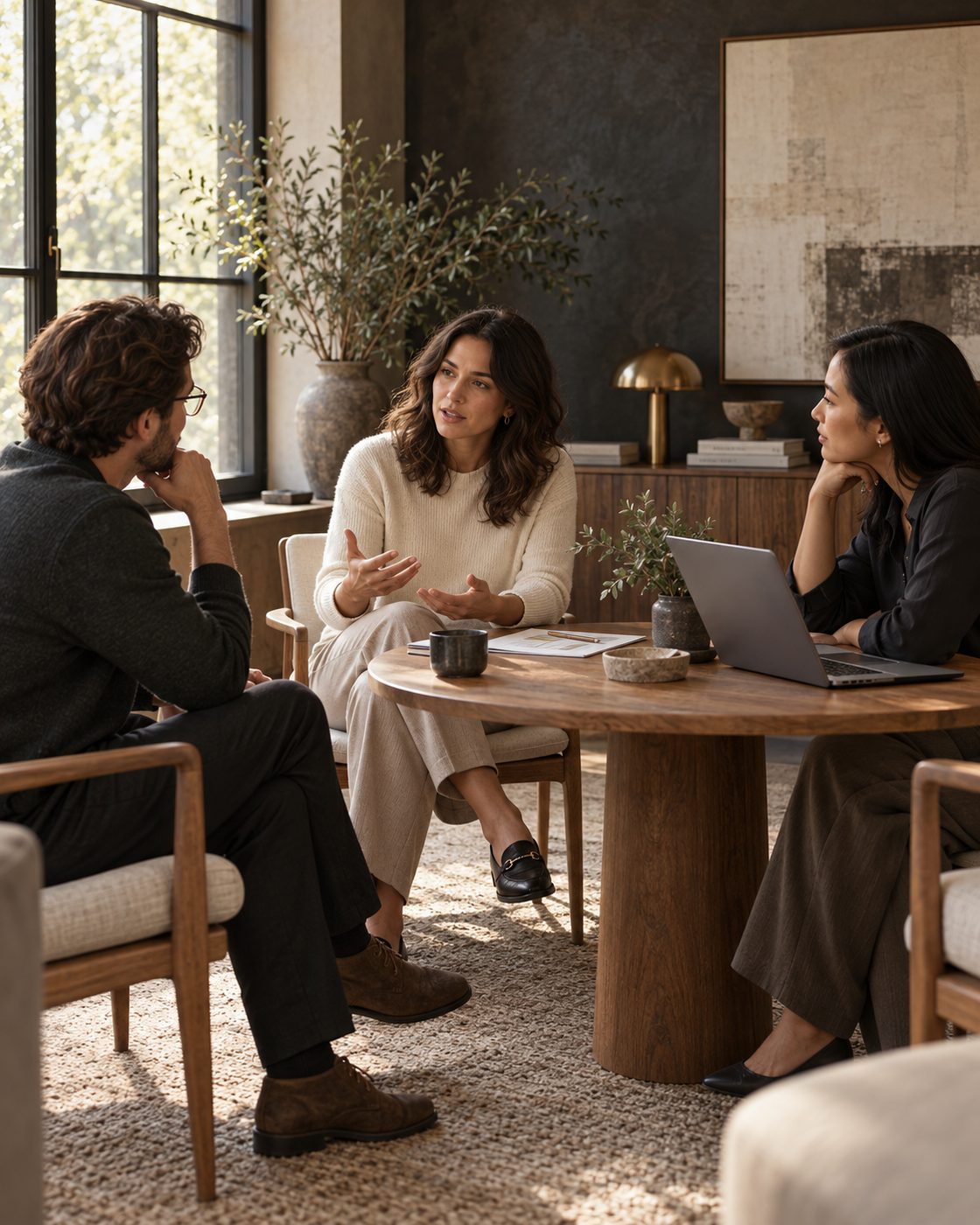 Three people in conversation around a round wooden table in a warm, sunlit room